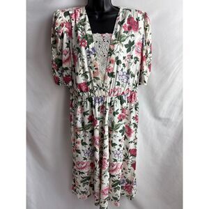 Vintage Just in Thyme Ltd Floral Cottagecore White Dress Size 12P Prairie Lace